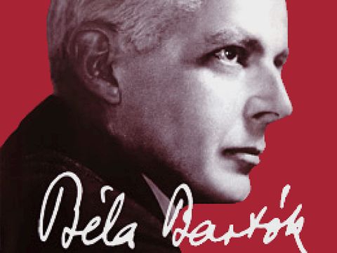 Béla Bartók, Unterschrift, roter Hintergrund, Bild