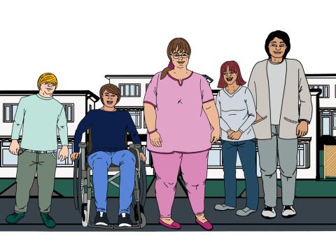 Zeichnung: verschiedene Menschen mit und ohne Behinderung in einer Wohn-Siedlung