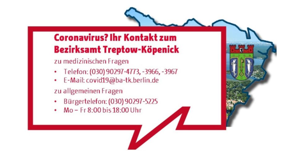 Bild mit den Kontaktnummern des Bezirksamtes TK im Zusammenhang mit dem Coronavirus