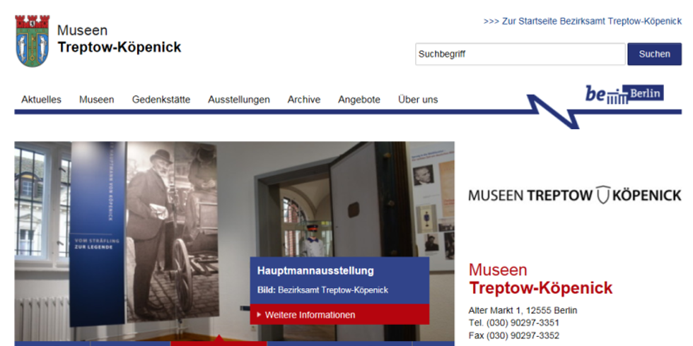 Ansicht der neuen Startseite der Museen Treptow-Köpenick