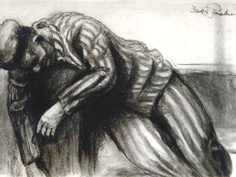“Liegender Häftling” (“Lying Prisoner”), charcoal, 1945. Last seen in Israel, the location of this drawing of a Gleiwitz I concentration camp prisoner is unknown. The drawing, one of eight from the collection of Zeev Shek, was intended as a donation by his widow Alisa Shek to the Yad Vashem Art Museum, Jerusalem. Three drawings from this collection are on permanent display at the Holocaust History Museum, Yad Vashem 