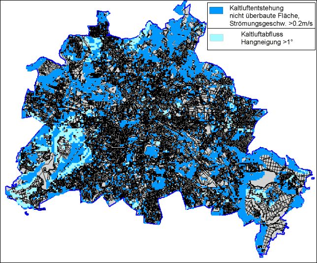 An Kaltluftentstehung bzw. Kaltluftabfluss beteiligte Flächen im Stadtgebiet Berlin während einer austauscharmen sommerlichen Strahlungswetternacht