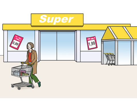 Frau mit Einkaufswagen vor einem Supermarkt skiziiert