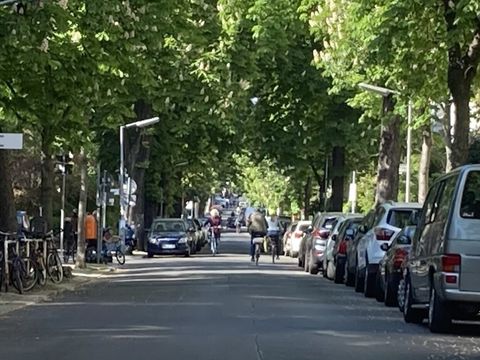 Blick in eine Straße mit Radfahrenden und parkenden Autos