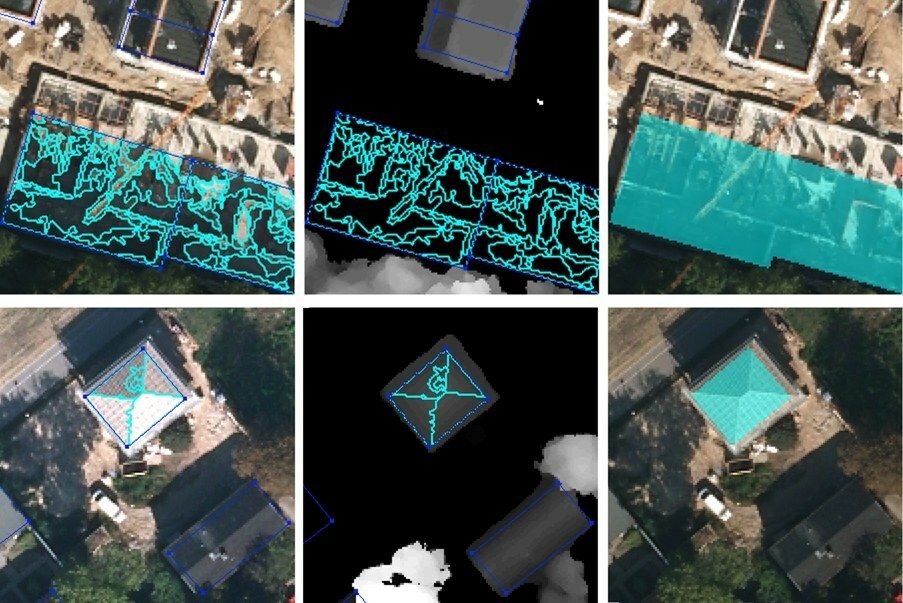 Fig. 10: Two classification examples for buildings of the item class “Buildings planned or under construction” (as of June 2012); left and middle: certain classified segments, and, right, as compiled items; in the top row is an example of the construction project in progress; below it is a building already completed at the time of the aerial photography flight in September 2010 