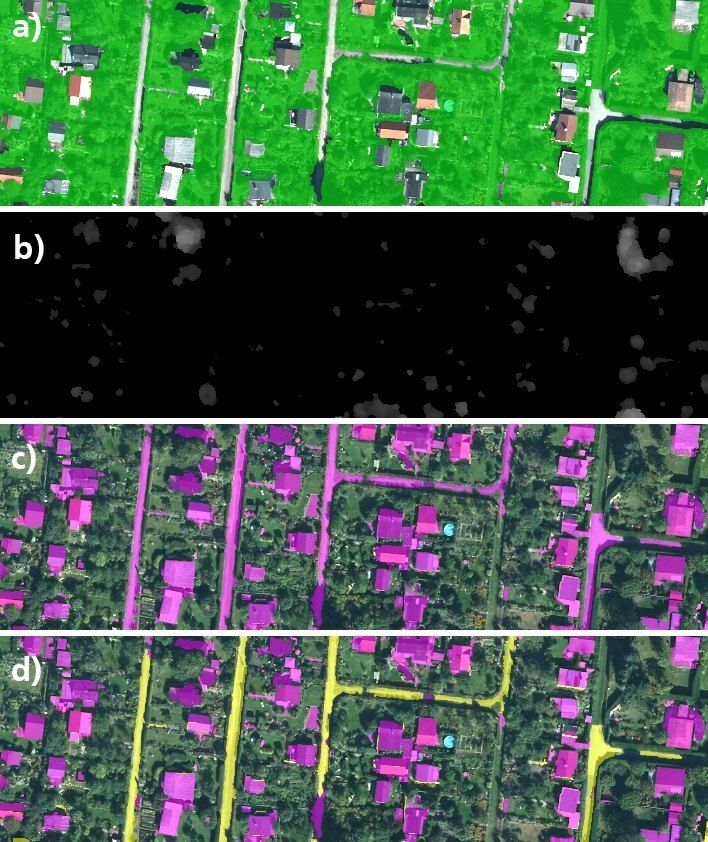 Fig. 11: Classification steps for the determination of the item classes “Garden cottages” outside the ALK system: a) The classification of the vegetation mask attained prior to this step, with real colour RGB aerial photography data superimposed; b) Situation-precise section of the surface model NDSM – no heights of garden cottages can be directly derived; c) Initial classification attempt yields errors in the area of streets; d) Ensuing classification step, with correction for the street areas 