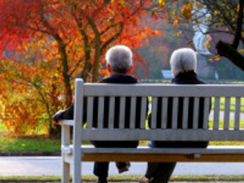 Altes Ehepaar im herbstlichen Park auf einer Bank