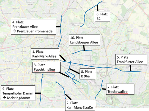 Bildvergrößerung: Das Bild zeigt eine Karte von Berlin und die darauf eingezeichneten Top 10 Stauschwerpunkte in Berlin mit Platzierung und Straßennamen. 