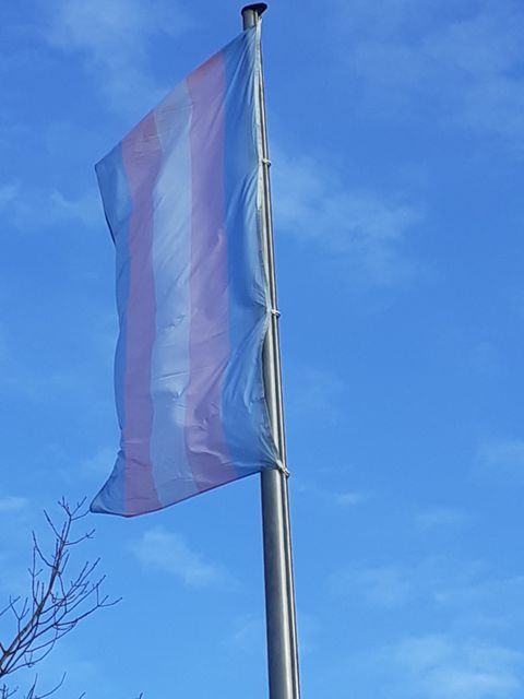 Trans-Flagge vor blauem Himmerl