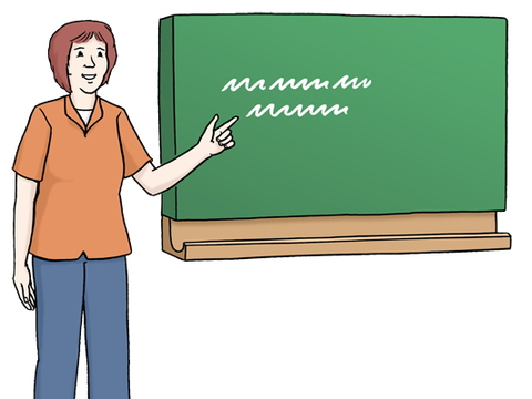 Eine Lehrerin deutet mit dem Zeigefinger auf eine beschriebene Tafel