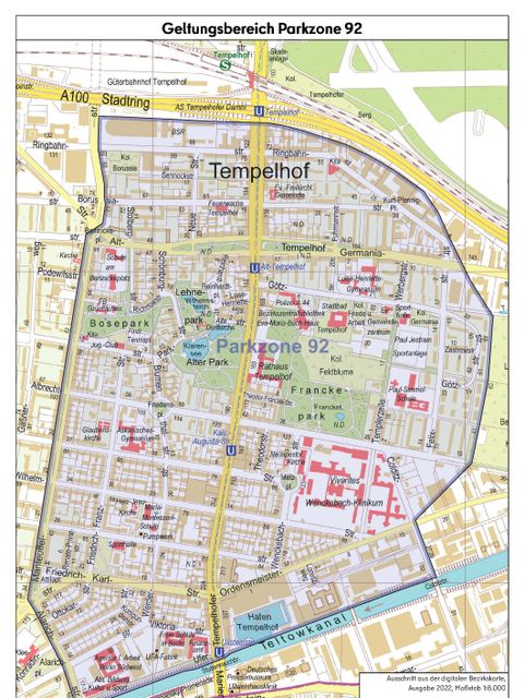 Bildvergrößerung: Karte der Parkzone 92 rund um den Tempelhofer Damm