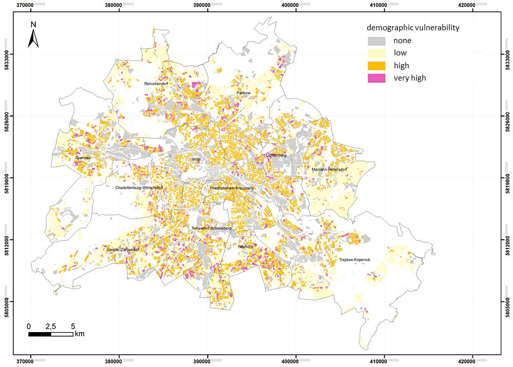 Enlarge photo: Demographic vulnerability as compared to thermal stress - Spatial analysis at the level of block areas in Berlin