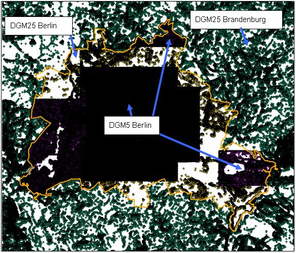 Fig. 1: Terrain model based on the optimized DGM25 Berlin (yellow, “non-crowded distribution”), DGM5 Berlin (black-violet, “dense”) and DGM25 Brandenburg (green)