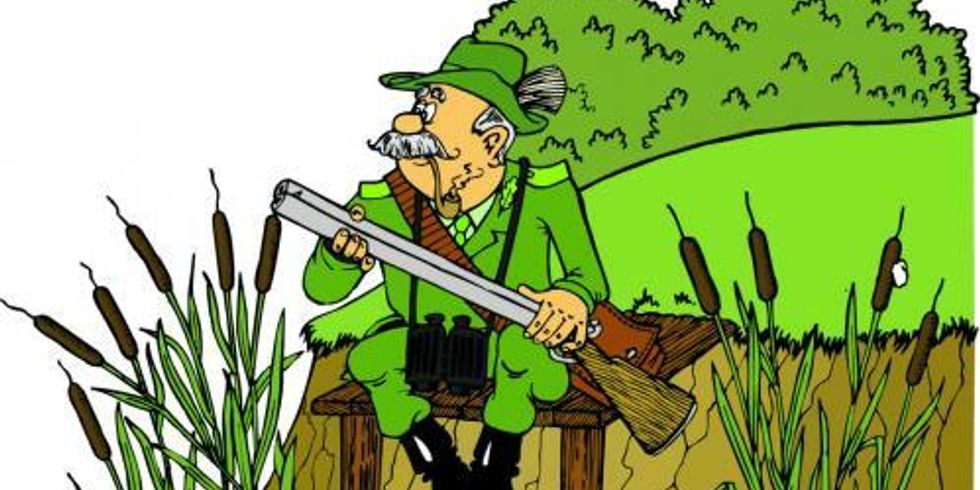 Zeichnung Mann mit Jagdgewehr sitzend auf einem Steg welcher von einem Biber angefressen wird