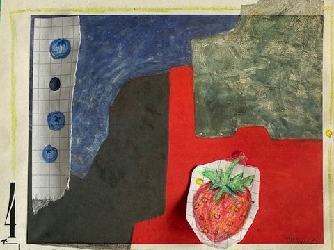Bildvergrößerung: Eine bunte Collage mit Blaubeeren und einer Erdbeere.