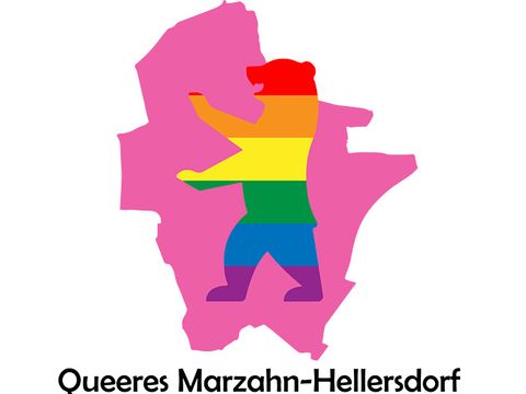 Karte vom Bezirk Marzahn-Hellersdorf mit einem Berliner Bären in Regenbogenfarbe