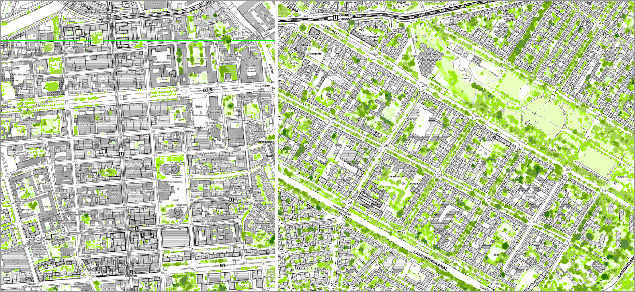 Enlarge photo: Fig. 9: Results of the classification in Berlin’s inner city: dense, highly impervious inner-city development on both sides of Friedrichstraße (left) and Wilhelminian block development with a high share of greenery in the area of Görlitzer Park (right)