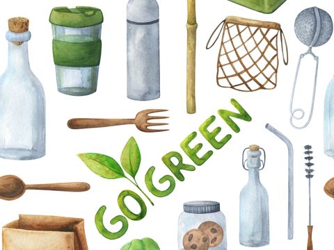 Go green. Seamless pattern of eco-friendly themes. Background with the concept of conscious consumption, zero waste, recycling, saving the planet. Reusable tableware, bag, healthy food on a white background