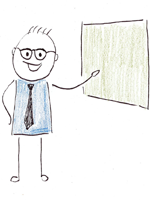 Titelbild Schwerpunkt Lehrkräftesprache - Zeichnung Lehrer vor Tafel