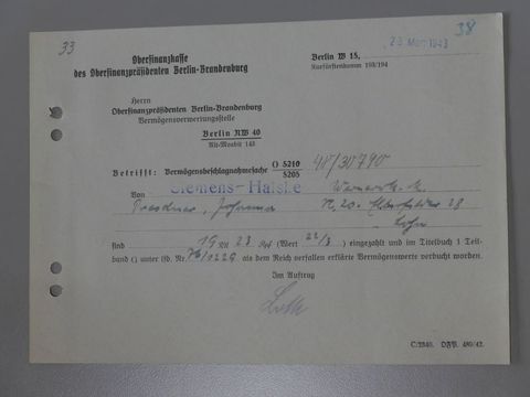 Bildvergrößerung: Der Restlohn für Zwangsarbeit für Johanna Dresdner wurde von der Oberfinanzdirektion beschlagnahmt.