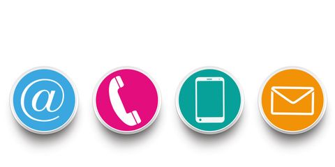 Runde, farbige Kontakt-Buttons zu E-Mail, Telefon, mobil und postalisch