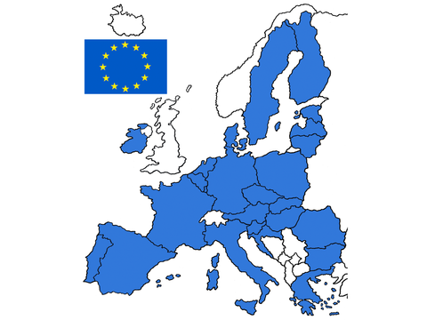 Die Zeichnung zeigt eine blau gefärbte Karte von Europa. Die Länder der Europäischen Union sind blau hinterlegt.