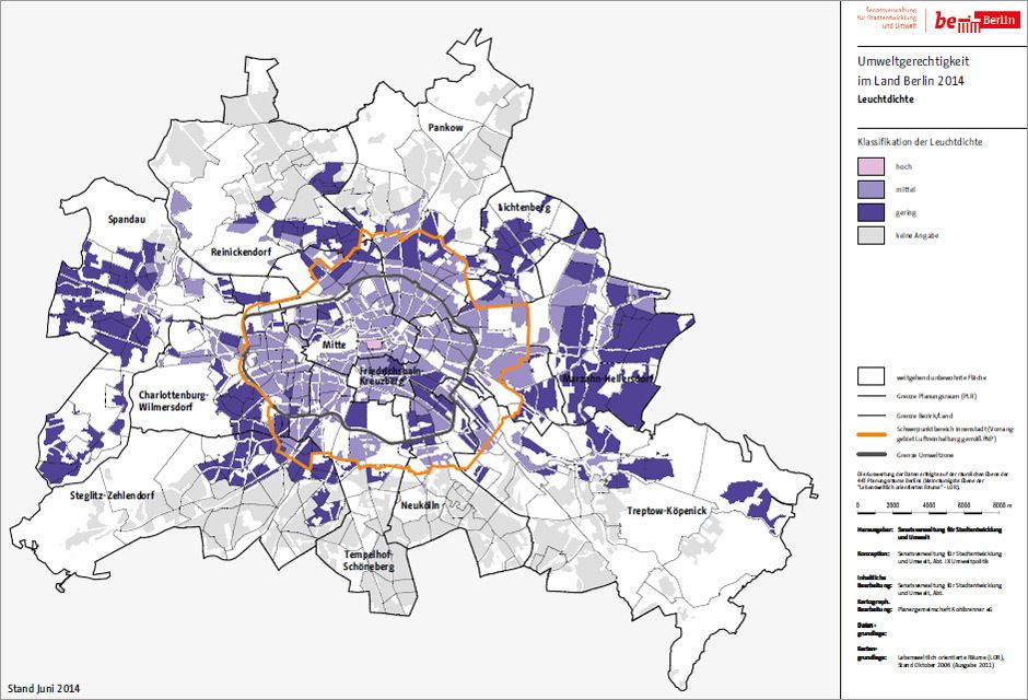 Bildvergrößerung: Abb. 7: Verteilung der Leuchtdichte auf der Ebene der Planungsräume in Berlin 