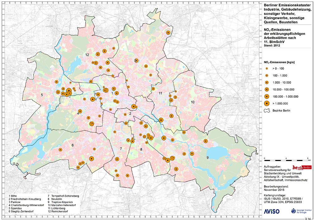Räumliche Verteilung der Stickoxidemissionen genehmigungsbedürftiger Anlagen in Berlin 2012