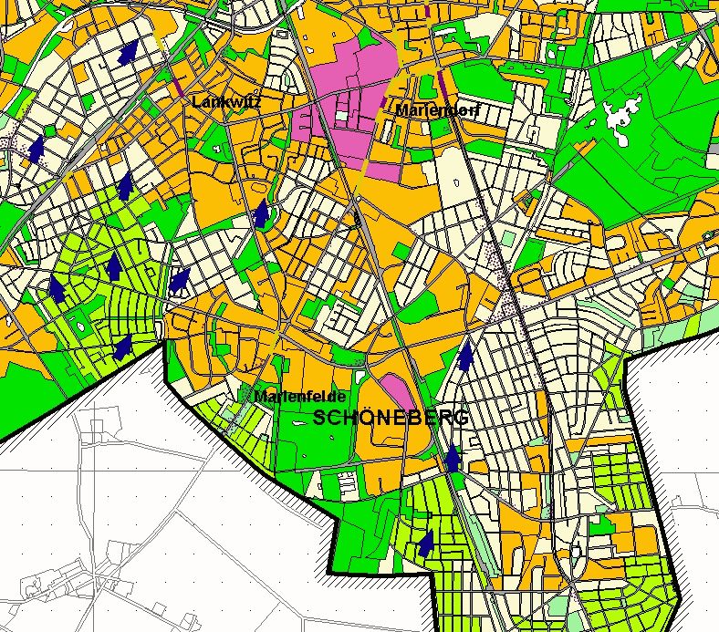 Beispiele lokaler bioklimatischer Belastungsbereiche außerhalb der Innenstadt, hier in den Ortsteilen Marienfelde/Mariendorf