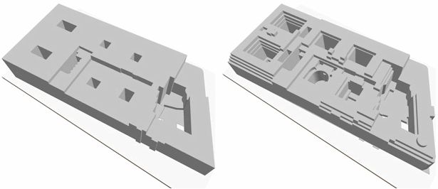 Abb. 1: Differenzierung in die ALKIS-Objektarten ‚Gebäude‘ und ‚Bauteil‘: links Block mit Gebäuden und rechts Block mit Gebäuden und Bauteilen.