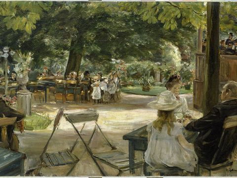Gemälde von Max Liebermann, In den Zelten (Restaurationsgarten – Biergarten in Leiden), 1900, Öl auf Leinwand 