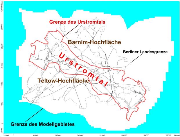 Abb. 3: Bereich des Grundwasserströmungsmodells zur Entwicklung der zeHGW-Karte für das Berliner Urstromtal