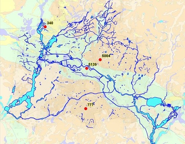 Abb. 11: Lage von vier beispielhaften Grundwassermessstellen: 340 und 5139 im Urstromtal, 777 auf der Teltow-Hochfläche und 5004 auf der Barnim-Hochfläche