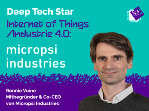 Profilbild Ronnie Vuine auf lila/türkisem Hintergrund und dem Titel: Deep Tech Star IoT/Industrie4.0: micropsi industries
