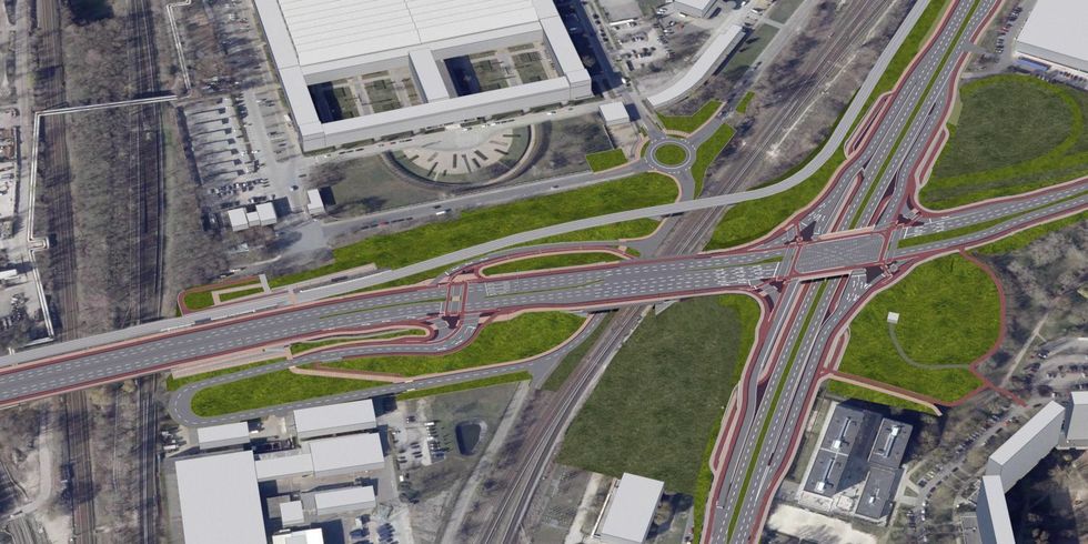 Luftaufnahme des "Marzahner Verkehrsknoten" mit überlagterten Zeichnungen oder Visualisierungen der erneuerten Verkehrsführung.