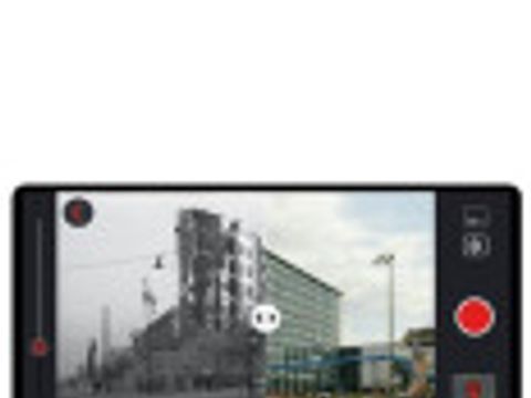Bildvergrößerung: Smartphone mit geteiltem Bildschirm, man kann hier Vorher-Nachher-Fotos von Gebäuden sehen