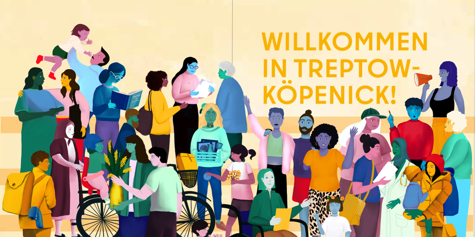 Cover des Wegweisers "Willkommen in Treptow-Köpenick zeigt Menschen vieler Kulturen sprechen miteinander im Comicstil