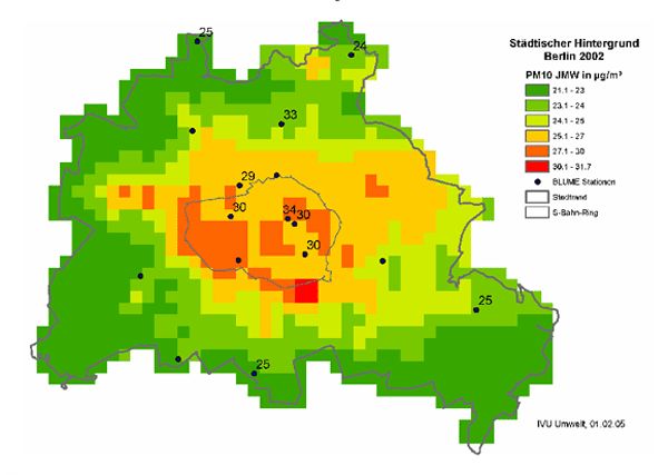 Abb. 9: Mit IMMISnet berechnete und an BLUME-Messstellen gemessene PM10-Belastung (Jahresmittel) im städtischen Hintergrund Berlins für das Basisjahr 2002 