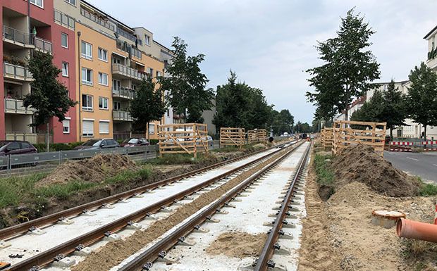 Straßenbahnbaustelle Adlershof II im August 2020