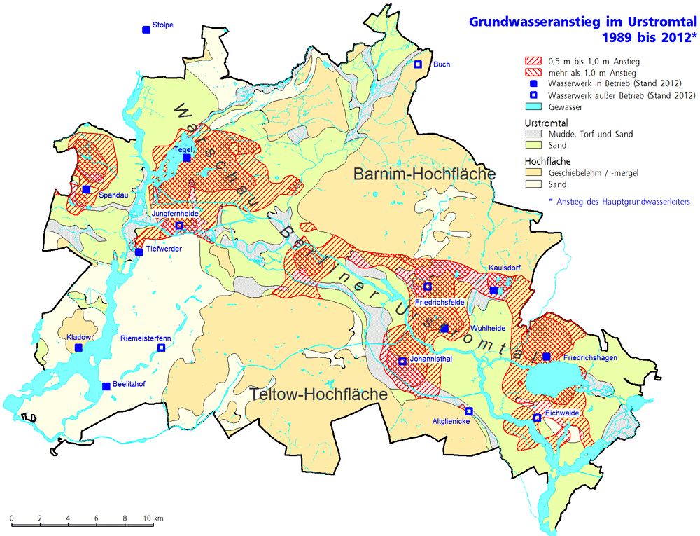 Bildvergrößerung: Abb. 10: Grundwasserwiederanstieg von 1989 bis 2012 im Urstromtal