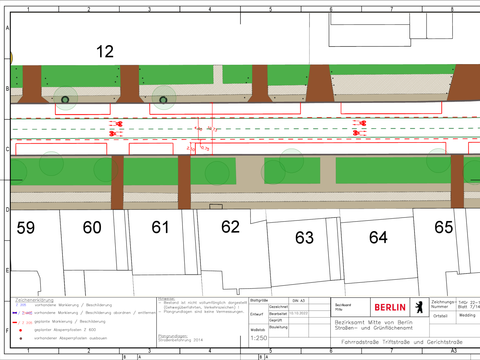 Bildvergrößerung: Verkehrszeichenplan für die Fahrradstraße Triftstraße/Gerichtstraße: Bereich zwischen Tegeler Straße und Genter Straße