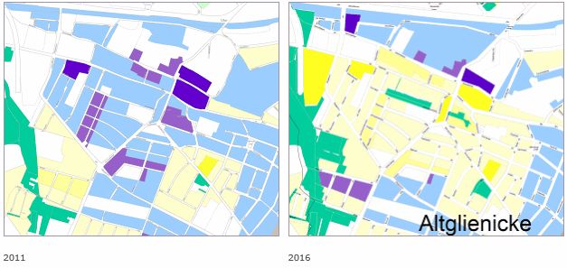 Fig. 3a: Availability development of near-residential public green spaces between 2011 and 2016 - Example 1: In the borough of Treptow-Köpenick, Altglienicke neighbourhood: north of the street “Zum Alten Windmühlenberg”, a park facility was created, which improved availability in the quarter by three categories.