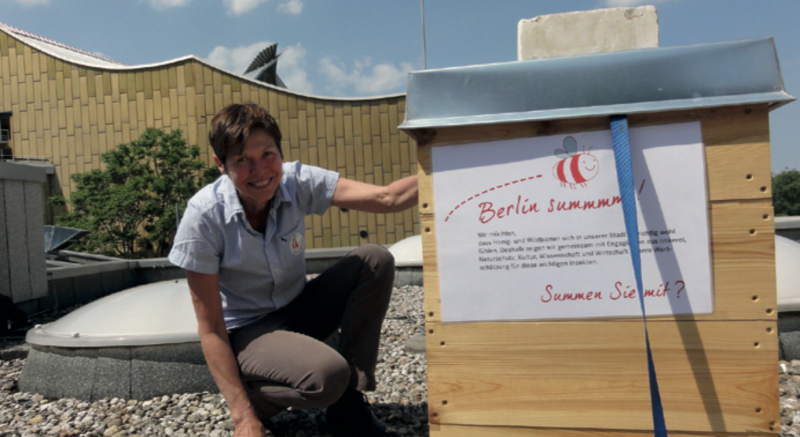 Bildvergrößerung: Berlin summt!-Imkerin Hilde Smits mit Bienenstöcken auf dem Dach des Musikinstrumenten-Museums; im Hintergrund die Philharmonie