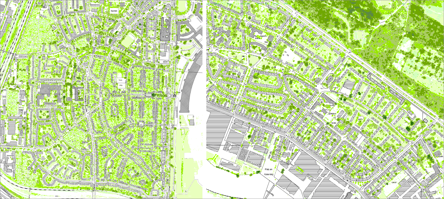 Enlarge photo: Fig. 10: Results of the classification in the area of loose, very green development on the edge of the inner city (inside the City Rail Circle Line): row houses and duplexes with yards in “Neu-Tempelhof” (left) and row development with landscaped residential greenery south of “An der Wuhlheide” in Treptow-Köpenick (right)