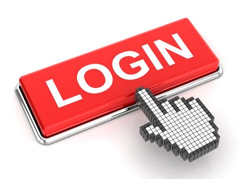 Eine pixelige Hand drückt auf einen roten Knopf, auf dem in weißen Buchstaben „LOGIN“ steht.