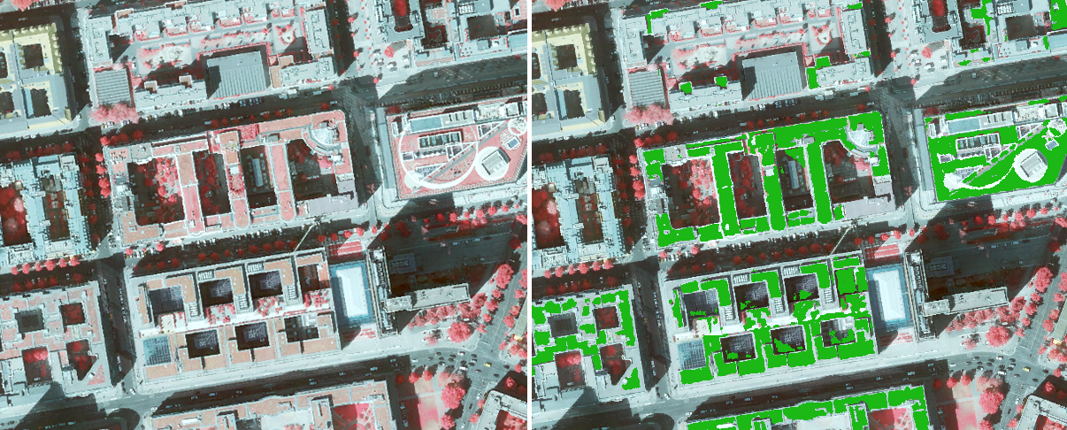 Bildvergrößerung: Abb. 2: Ergebnisse zur überwachten Klassifizierung; links: TrueOrthophoto 2020, rechts: automatisierte Vorkartierung Gründachbestand (grün) 