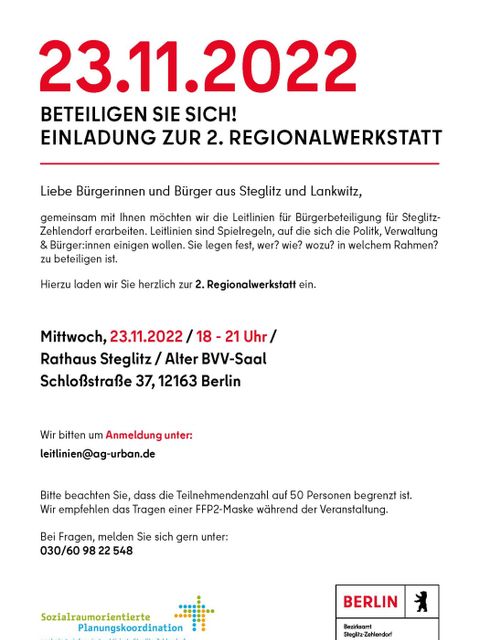 Bildvergrößerung: Einladung - 2. Regionalwerkstatt zur Erarbeitung der Leitlinien zur Bürgerbeteiligung in Steglitz-Zehlendorf (23.11.2022)