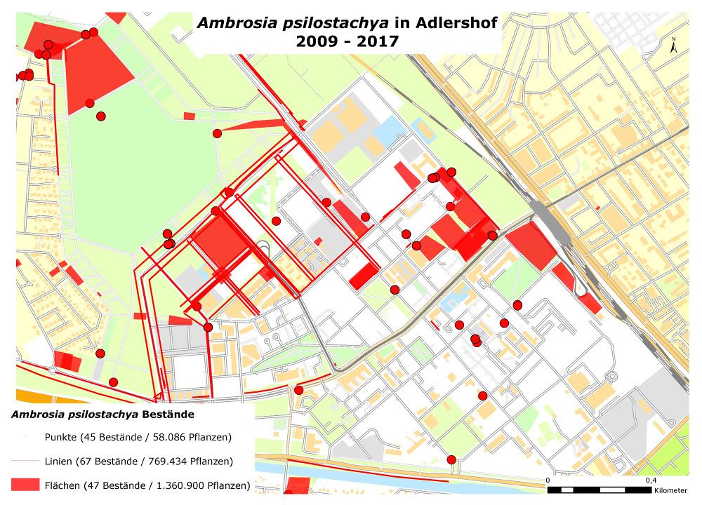 Adlershof-Karte mit Darstellung der gemeldeten Ambrosia-Vorkommen (Zeitraum von 2009 bis 2017)
