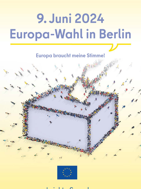 Cover "9. Jun 2024 - Europawahl in Berlin - Europa braucht deine Stimme - Leichte Sprache" / Wahlurne, in die ein Stimmzettel geworfen wird