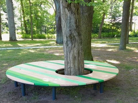 Ein Sitzpodest aus Holz um einen Baum herum auf dem Wasserspielplatz Plansche
